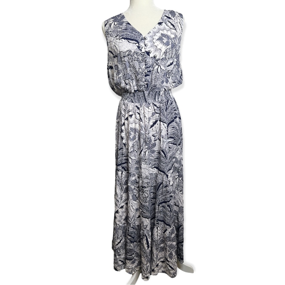 Christopher & Banks Sleeveless Maxi Dress Woman’s Sz Large Blue White Botanical